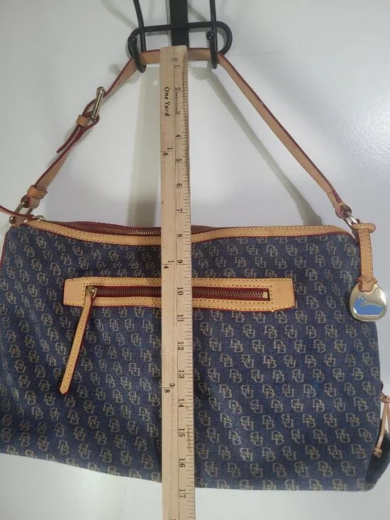 Dooney & Bourke Blue Denim Logo Brocade Shoulder Bag Brown Leather Red Interior - Picture 6 of 13